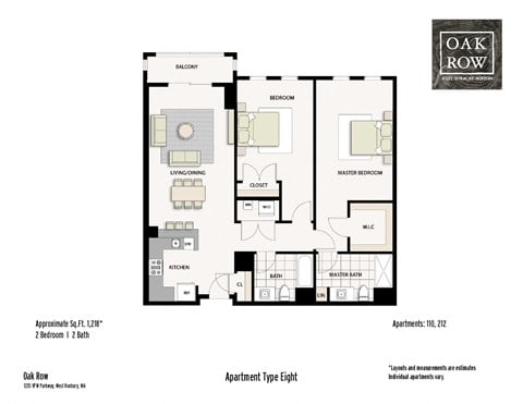 Floor plan for 2 beds, 2 baths, 1205 sqft
